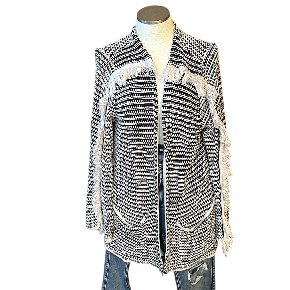 Knox Rose Black White Tweed Stripe Fringe Open Cardigan Sweater L Boho
